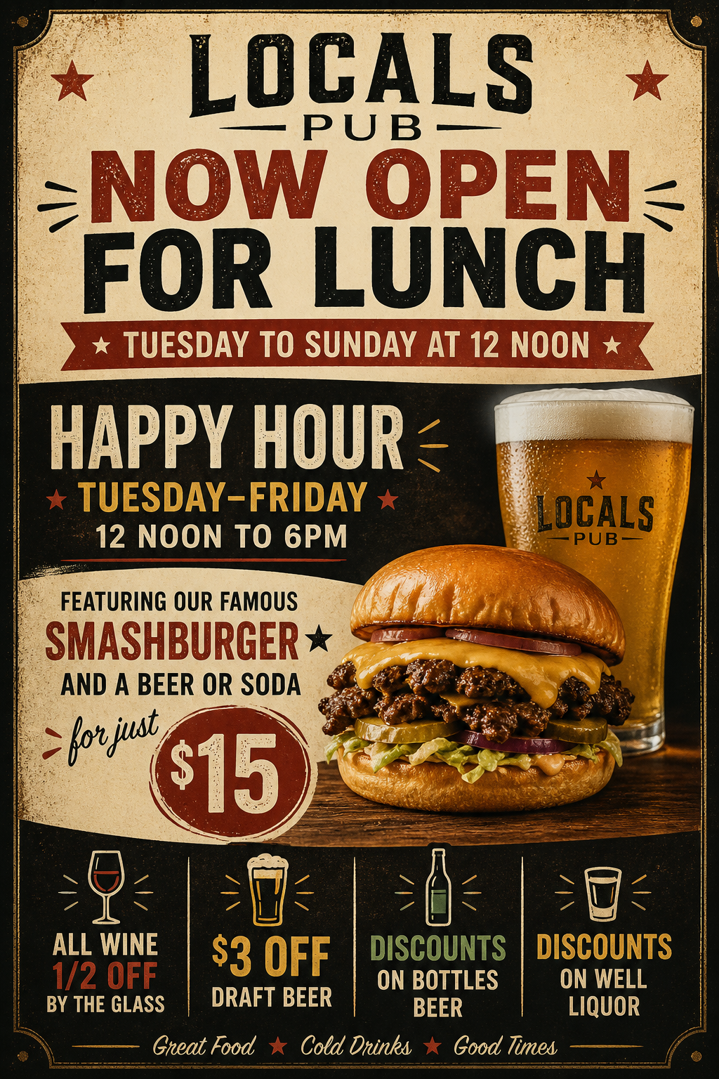 Locals Pub Now Open for Lunch — Tuesday to Sunday at noon